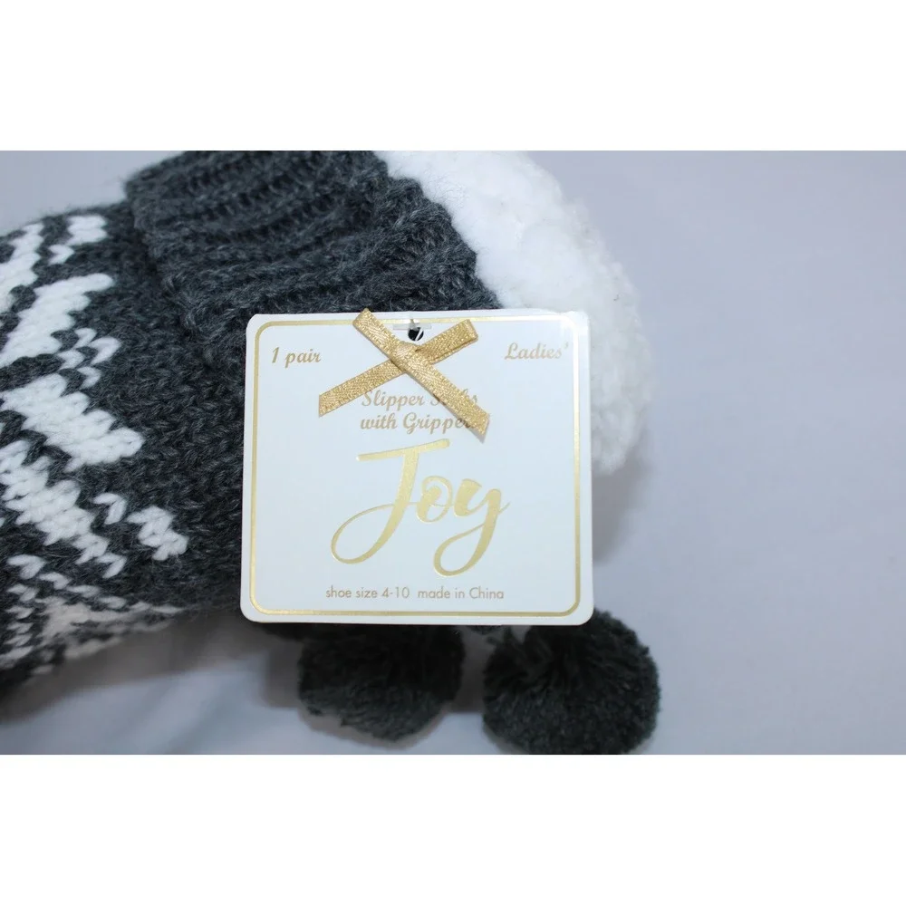 Joy Slipper Socks with Grippers Charcoal Fair Isle Snowflake Pom Pom NWT 4-10